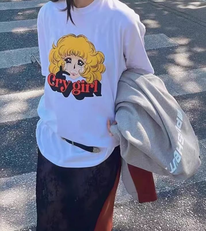 画像6: Crying girl cartoon print short-sleeved T-shirt   クライングガールアニメプリント半袖 Tシャツ (6)