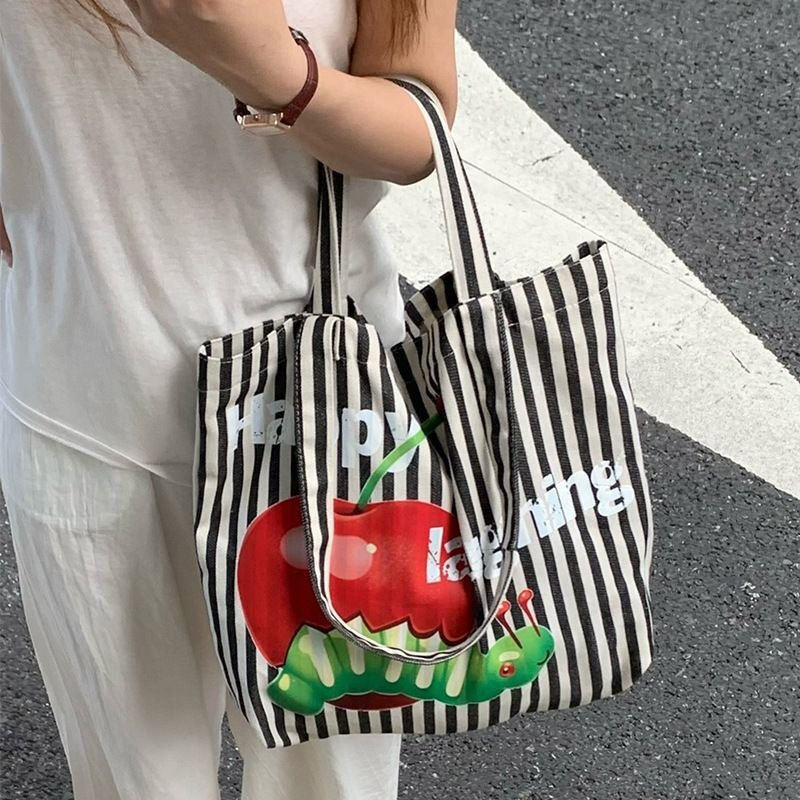 画像10: Fruit Killer Stripe Large Capacity Canvas Shoulder Portable All-match Tote Shoulder Eco Tote Shopping Bag　男女兼用　折りたたみ　持ち運び便利　ストライプ＆フルーツ　エコ　トート　ショッピング　マイ　バッグ (10)
