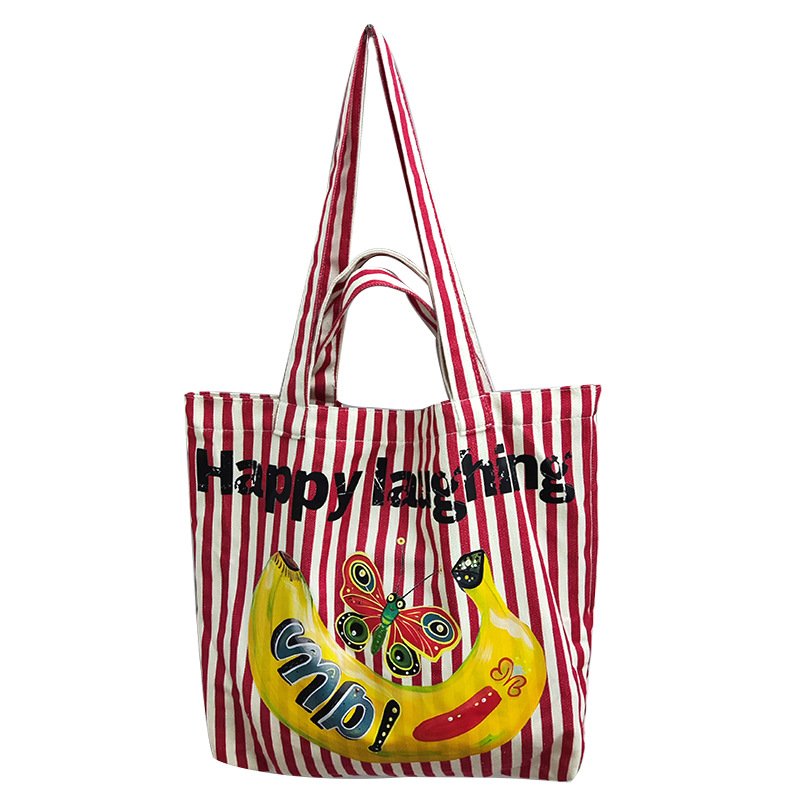 画像2: Fruit Killer Stripe Large Capacity Canvas Shoulder Portable All-match Tote Shoulder Eco Tote Shopping Bag　男女兼用　折りたたみ　持ち運び便利　ストライプ＆フルーツ　エコ　トート　ショッピング　マイ　バッグ (2)