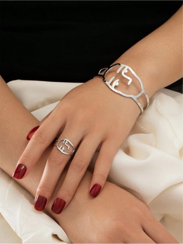 画像2: Unisex Abstract Smiley Face Design Bangle and Ring Set　アブストラクトスマイリーフェイスフェイスデザインバングル＆リングセットゴールド シルバー2カラー (2)