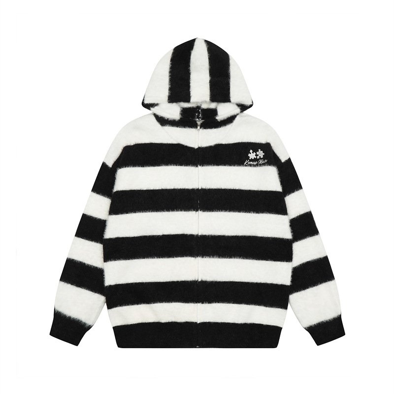 画像2: UnisexJigsaw puzzle one-point embroidery Zip-up border hoodie  男女兼用 ジグソーパズルワンポイント刺繍 ジップアップボーダーストライプフーディ フーディー パーカースウェット シャツ (2)