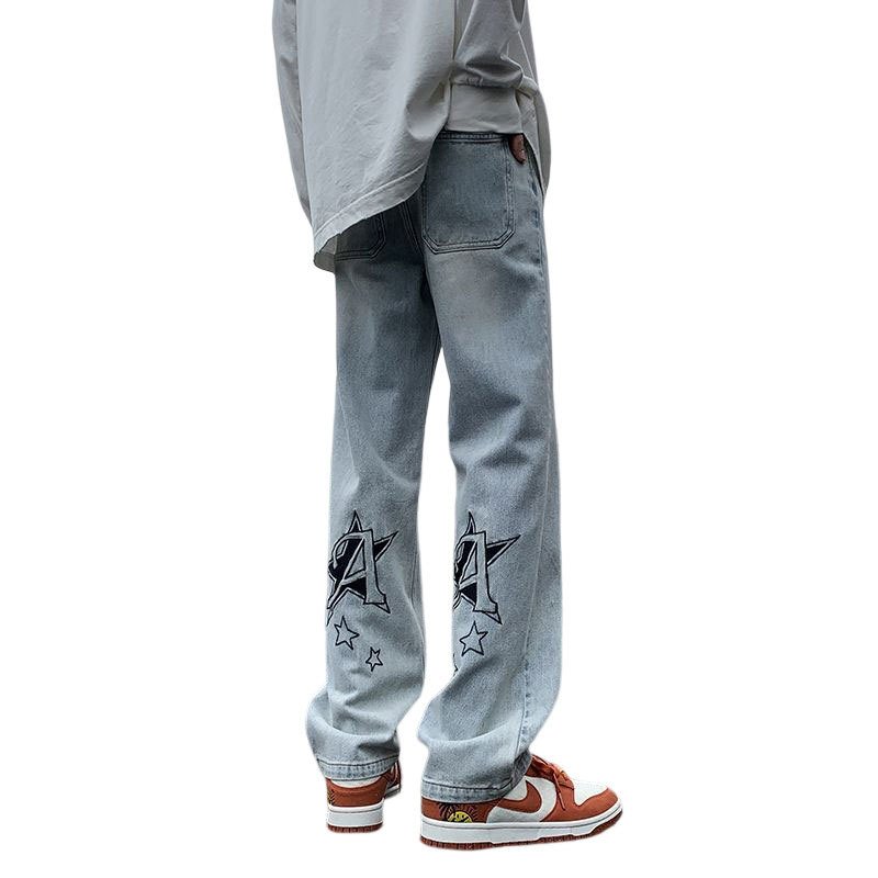 画像5:  Unisex Star & Alphabet Print Loose Straight Denim Pants Jeans  ユニセックス 男女兼用スター＆アルファベットプリントルーズストレート デニムジーンズ (5)