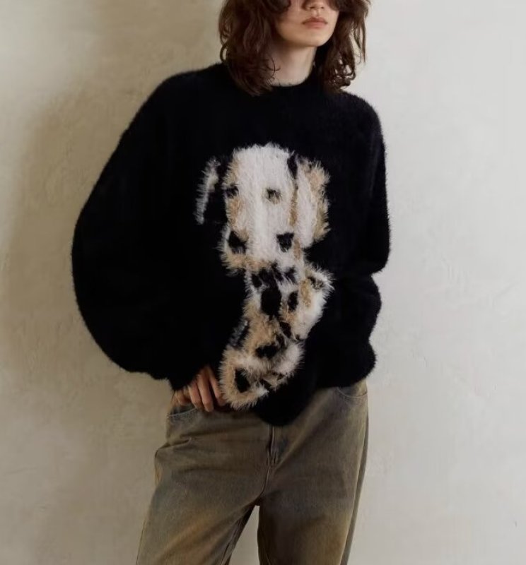 Unisex Dalmatian knitted round neck sweater knit ユニ