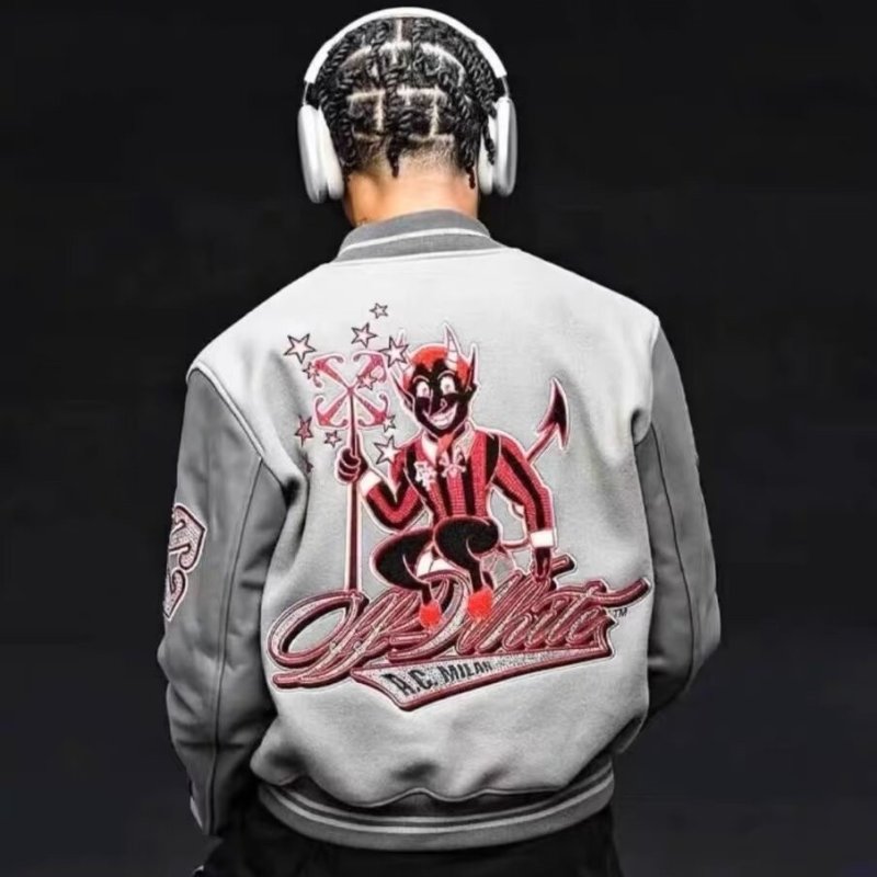 画像4: Unisex Hip Hop Demon Embroidery Basketball Stadium JumperBaseball Uniform jacket Blouson baseball uniform jacket  ユニセックス 男女兼用ヒップホップデーモン刺繍 バスケットボールスタジアムジャンバー スタジャン MA-1 ボンバー ジャケット ブルゾン (4)