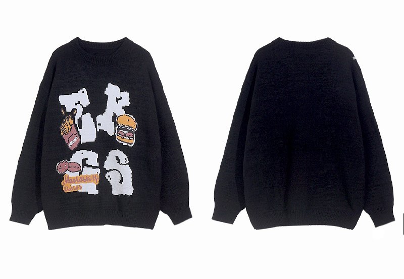 画像3: Unisex Hamburger and fries knitted round neck sweater knit　 ユニセックス　男女兼用　ハンバーガー＆フライドポテト編み込みラウンドネック セーター ニット (3)