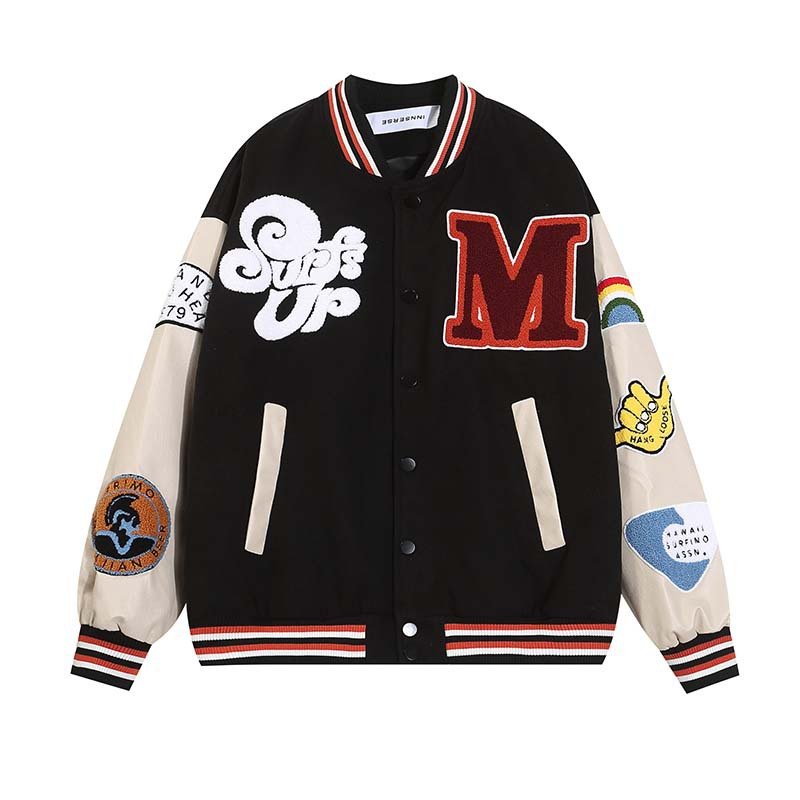 画像4: Unisex Surf Emblem Splicing Baseball Uniform Jacket Stadium Jacket Stadium Jumper   ユニセックス 男女兼用サーフ刺繍スタジアムジャンバー スタジャン MA-1 ボンバー ジャケット ブルゾン (4)