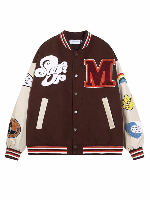 画像6: Unisex Surf Emblem Splicing Baseball Uniform Jacket Stadium Jacket Stadium Jumper   ユニセックス 男女兼用サーフ刺繍スタジアムジャンバー スタジャン MA-1 ボンバー ジャケット ブルゾン (6)