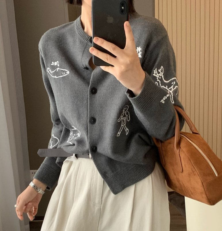 画像2: Pop embroidery round neck long sleeve knit cardigan jacket sweater 男女兼用ユニセックスポップ刺繍ラウンドネック長袖ニットカーディガンジャケットニット (2)
