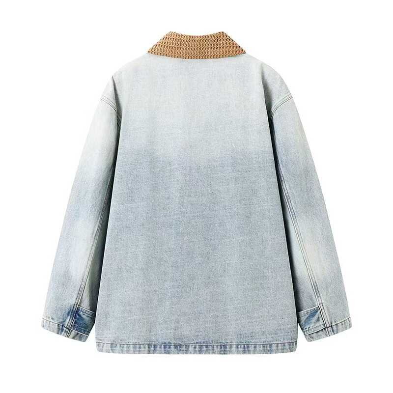 画像2: Washed denim contrast color mid-length loose vintage casual jacket G-jeans coat　 ユニセックス 男女兼用 ウォッシュデニムコントラストカラーミッドレングスルーズヴィンテージカジュアルジャケットGジャン コートトップス (2)