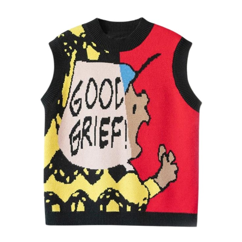 画像2: Unisex Snoopy Charlie Brown Jacquard sweater loose knit Vest sweater オーバーサイズ ユニセックス 男女兼用 スヌーピー チャーリーブラウン 編み込み  ニット ベスト セータープルオーバー (2)