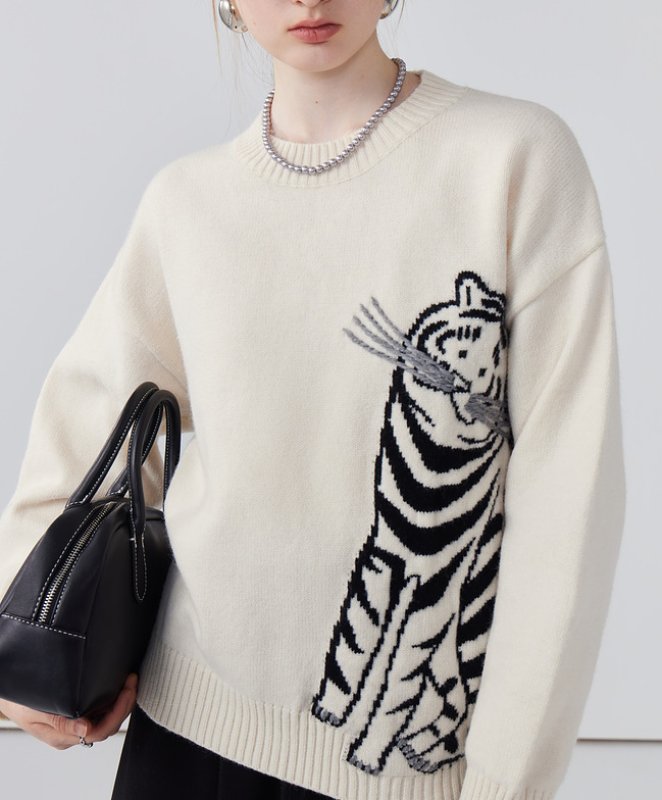 画像5: Round neck cat embroidered sweater Knit Tops  男女兼用ユニセックスラウンドネックキャット猫刺繍 編み込みセーター (5)