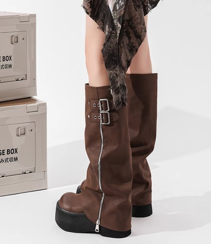 画像4: 24 Vintage Split Cover Long Boots wedge boots  ヴィンテージ加工 スプリット カバー アグリー ウェッジソール ロング丈ブーツ (4)