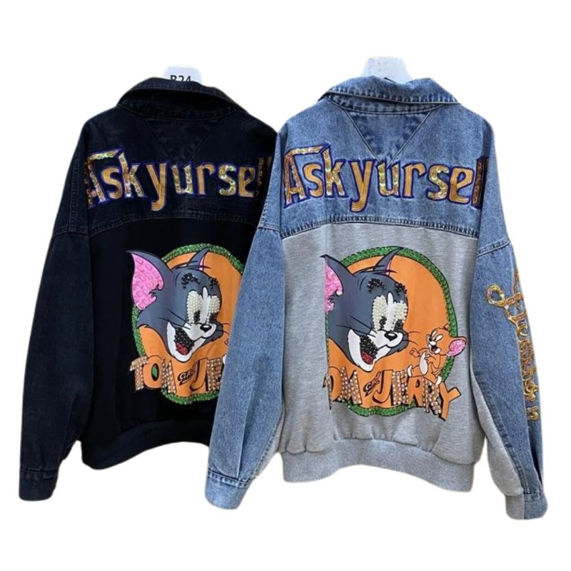 画像2: Oversized Unisex Tom and jerry denim Sweat x Sequin Graffiti  Paint zipup jacket オーバーサイズ トムとジェリー トム&ジェリー スパンコール スウェット ペイント プリント  デニム Gジャン ジャケット (2)