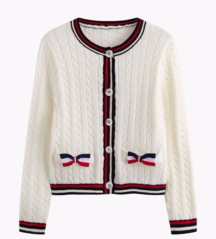 画像3: Contrast Color Round Neck Long Sleeve Wool Ribbon Cardigan Sweater Knit コントラストカラーラウンドネック長袖リボンカーディガンニット (3)