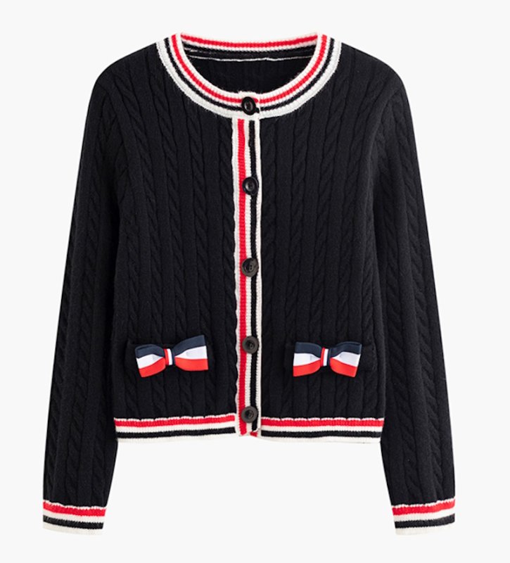 画像2: Contrast Color Round Neck Long Sleeve Wool Ribbon Cardigan Sweater Knit コントラストカラーラウンドネック長袖リボンカーディガンニット (2)