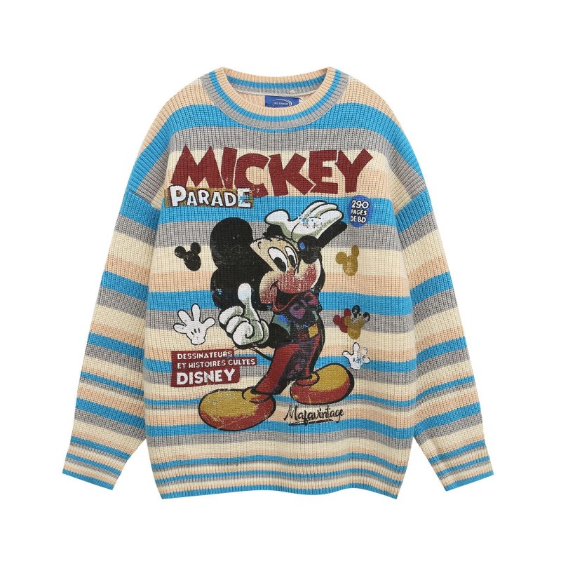 画像2: Old Mickey Mouse striped round neck sweater pullover  Knit　オールドミッキーマウスプリントボーダーラウンドネック長袖セーターニット (2)