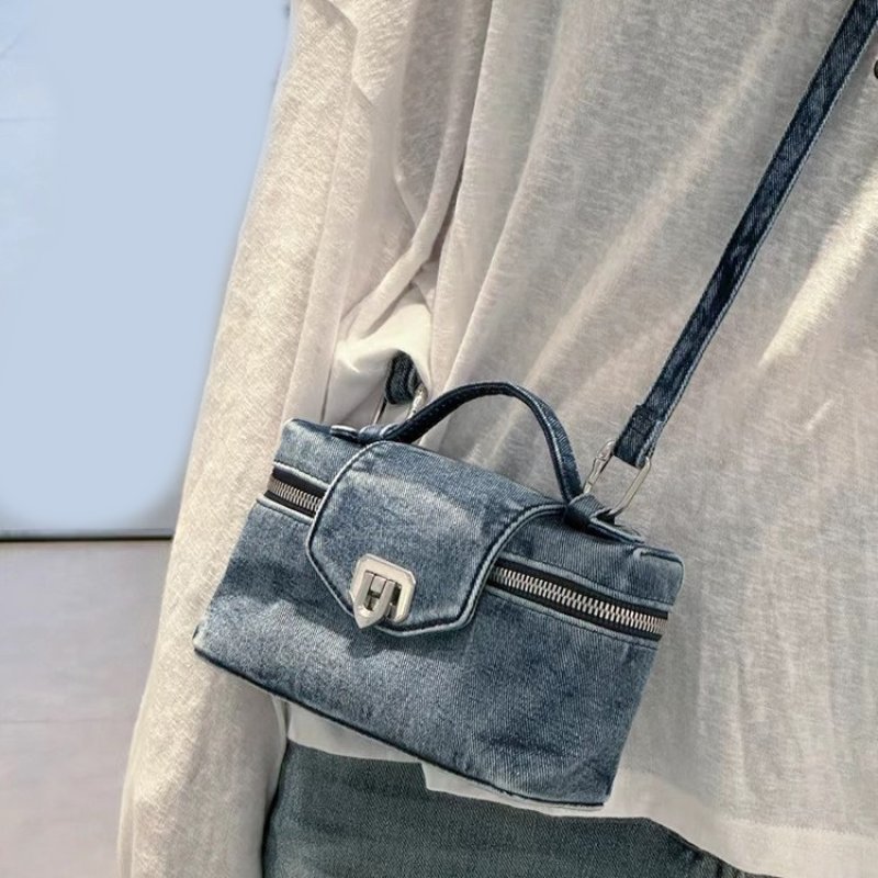 画像6: Washed Denim Vanity Lunch Box Tote Shoulder Crossbody Bag　ユニセックス男女兼用ウォッシュドデニム バニティーランチボックス型バッグ (6)
