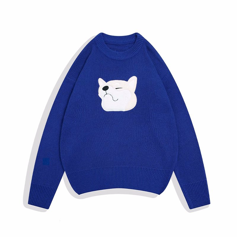 画像2: Dog face applique round neck sweater knit　ユニセックス男女兼用 ドッグフェイスアップリケエンブレム ラウンドネックセーターニット  (2)