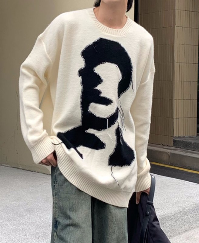 画像6: Face knitted fringe round neck sweater　ユニセックス男女兼用 フェイス編み込み フリンジラウンドネックセーター  (6)