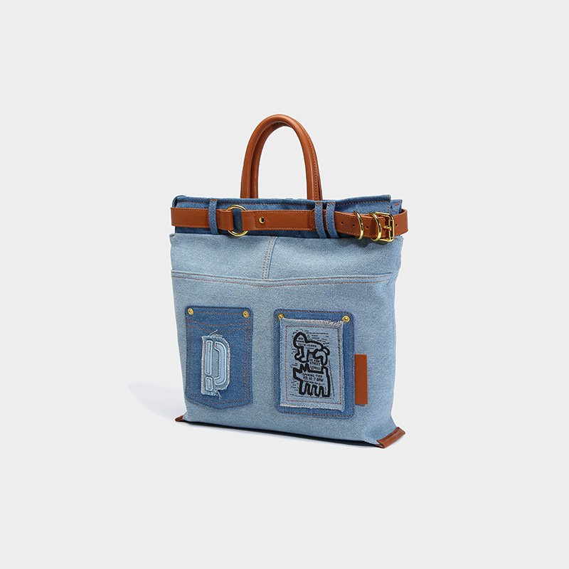 画像2: Denim Keith Haring Pocket Tote Shoulder Crossbody Bag　ユニセックス男女兼用デニムキース・ヘリングペイントポケット トートショルダークロスボディーバッグ (2)