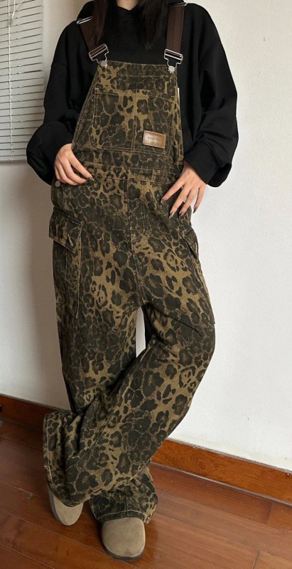 画像5: Leopard print wide leg multi-pocket  Denim Overalls  ユニセックス男女兼用レオパードヒョウ柄マルチポケットオーバーオール (5)