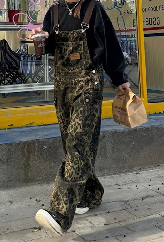 画像6: Leopard print wide leg multi-pocket  Denim Overalls  ユニセックス男女兼用レオパードヒョウ柄マルチポケットオーバーオール (6)
