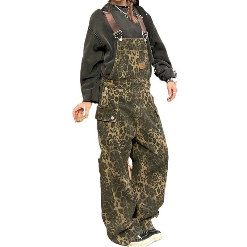 画像4: Leopard print wide leg multi-pocket  Denim Overalls  ユニセックス男女兼用レオパードヒョウ柄マルチポケットオーバーオール (4)