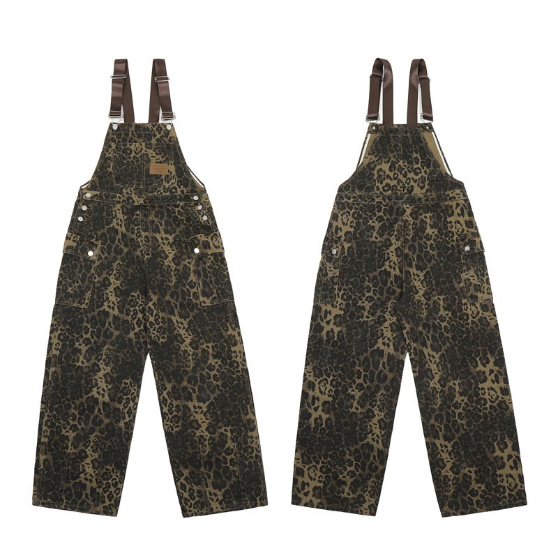 画像3: Leopard print wide leg multi-pocket  Denim Overalls  ユニセックス男女兼用レオパードヒョウ柄マルチポケットオーバーオール (3)