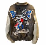 画像1: Bugs Bunny embroidered leather contrast color jacket Stadium jumperbaseball uniform blouson 　ユニセッ クス男女兼用 バッグズバニー刺繍レザーコントラストカラージャケットスタジャン ジャンパー  ブルゾン (1)