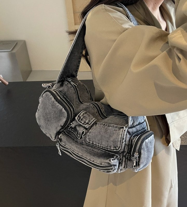 画像4: Multi-pocket denim underarm tote shoulder bag Handbag   ウォッシュデニムマルチポケットアンダーアームトートショルダーバッグハンドバッグ (4)