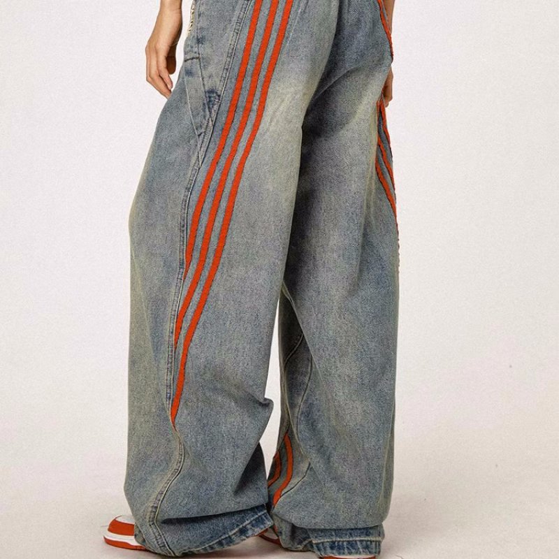 画像5: Unisex Striped splicing denim loose denim pants trousers 　男女兼用 ユニセックス ストライプ3ラインスプライシングジーンズデニム　パンツ (5)
