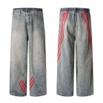 画像1: Unisex Striped splicing denim loose denim pants trousers 　男女兼用 ユニセックス ストライプ3ラインスプライシングジーンズデニム　パンツ (1)
