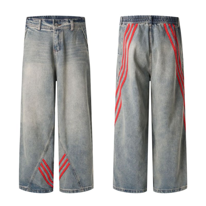 画像1: Unisex Striped splicing denim loose denim pants trousers 　男女兼用 ユニセックス ストライプ3ラインスプライシングジーンズデニム　パンツ (1)