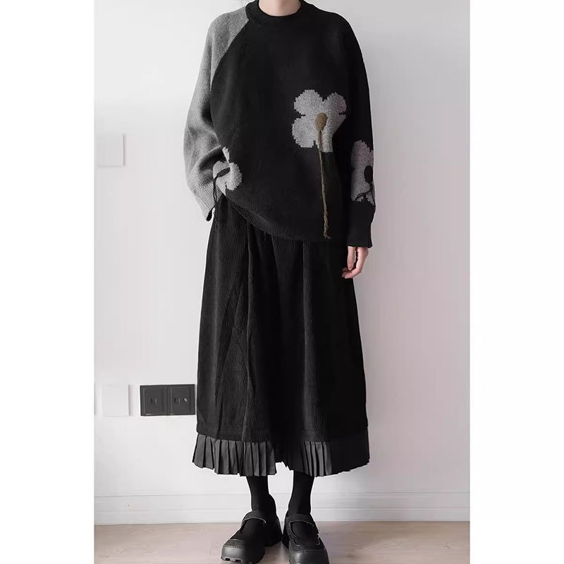 画像5: Flower color matching thick sweater knitted　フラワー セーターラウンドネック プルオーバー (5)