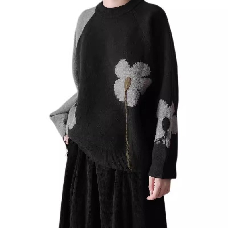 画像4: Flower color matching thick sweater knitted　フラワー セーターラウンドネック プルオーバー (4)