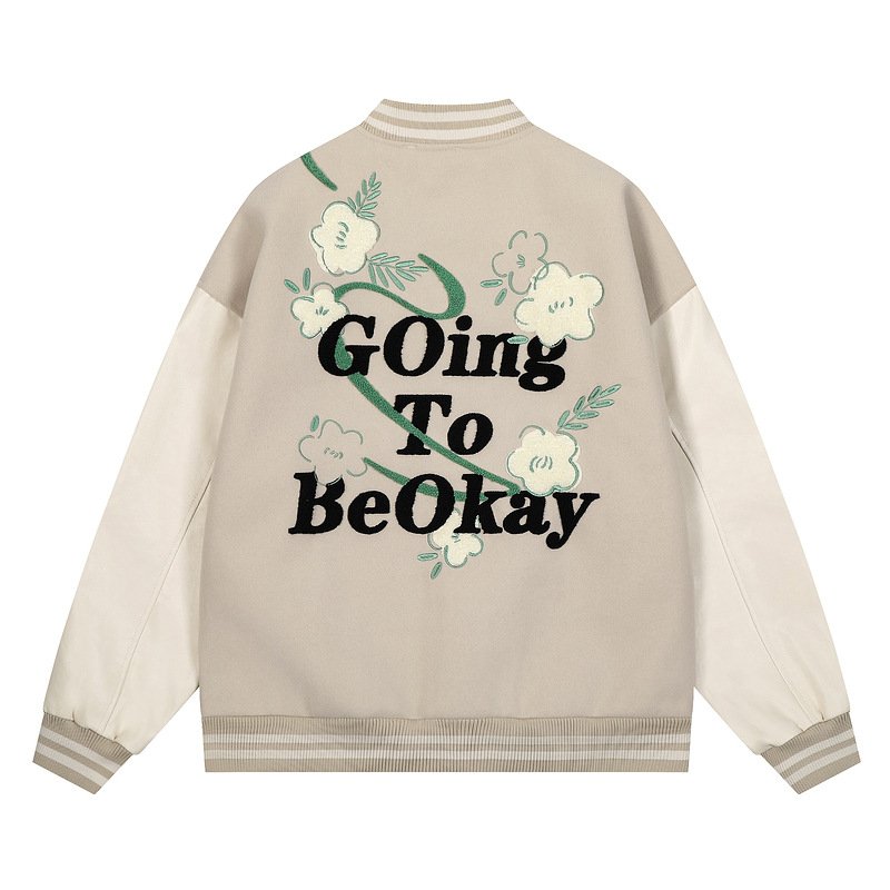 画像2: Flower embroidered leather sleeve hip hop stadium jacket Stadium Jumper baseball uniform jumper  blouson ユニセックス 男女兼用フラワー刺繍レザースリーブ ヒップホップ スタジアムジャンパー スタジャン MA-1 ボンバー  (2)