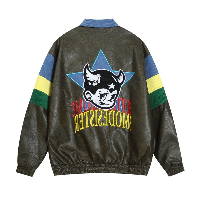 画像2: Astro Boy PU Leather & Corduroy Lapel Jacket  blouson ユニセックス 男女兼用レザー&コーデュロイ悪魔アストロボーイ刺繍 ラペルジャケットスタジアムジャンパー スタジャン  ブルゾン (2)