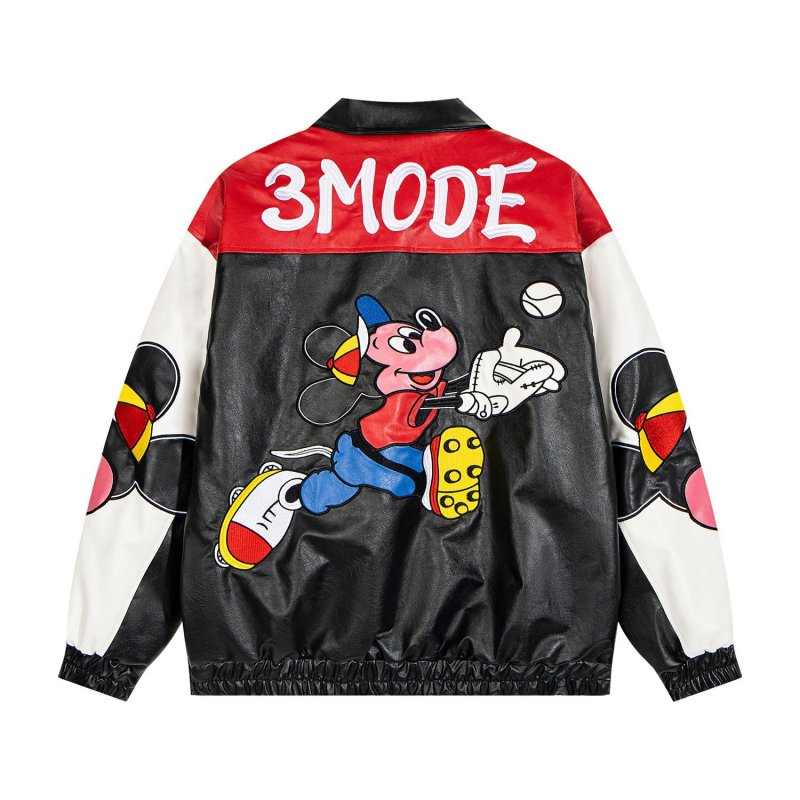 画像1: SALE セール 3MODE sister Retro Vintage Mickey Mouse Embroidery Leather Jacket Blouson ユニセックス 男女兼用ミッキーマウス刺繍 レザージャケット ジャンパー スタジャン MA-1 ボンバー ジャケット ブルゾン (1)