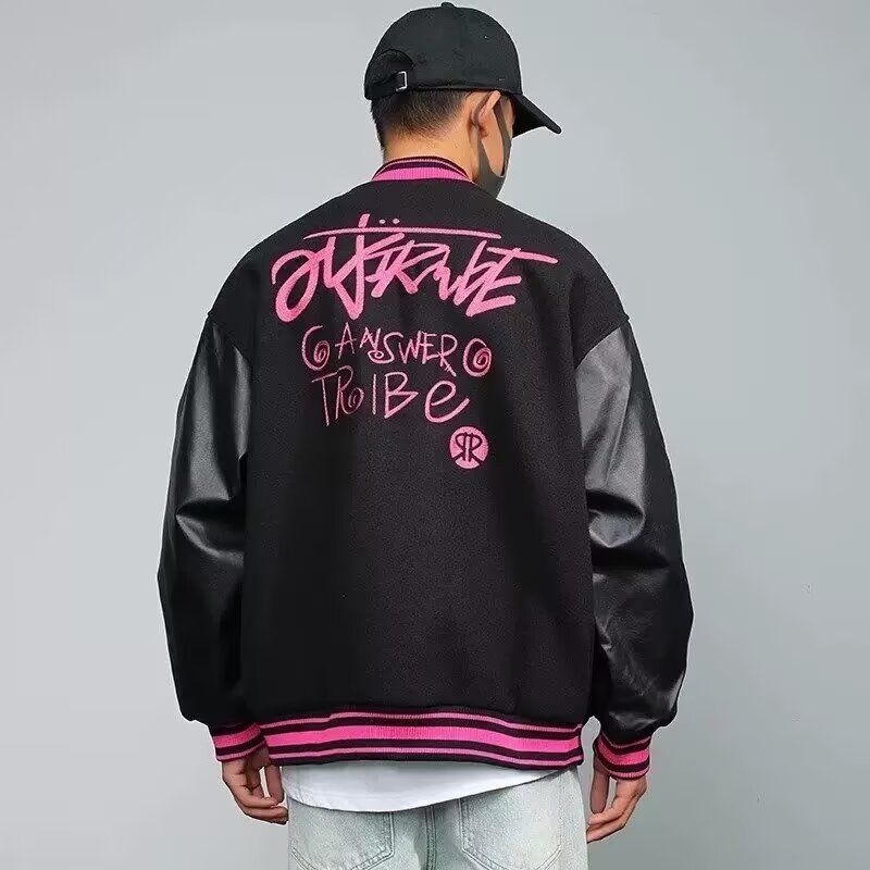 画像4: Lettering illustration embroidery stadium jacket  baseball uniform jumper  blouson ユニセックス 男女兼用レターリングイラスト刺繍レザースリーブ  スタジアムジャンパー スタジャン MA-1 ボンバー  (4)