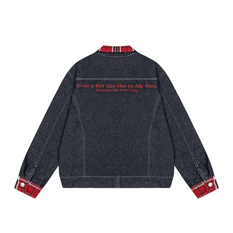 画像5: Splicing zip-up check collar point denim jacket ユニセックス 男女兼用  スプライシングジップアップチェック柄襟デニムジャケット スタジャンブルゾン (5)