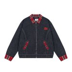 画像1: Splicing zip-up check collar point denim jacket ユニセックス 男女兼用  スプライシングジップアップチェック柄襟デニムジャケット スタジャンブルゾン (1)