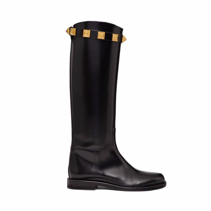 画像1: Genuine leather studded buckle belt flat low heel boots long boots   本革スタッズバックル付きベルトフラットローヒールロングブーツ (1)
