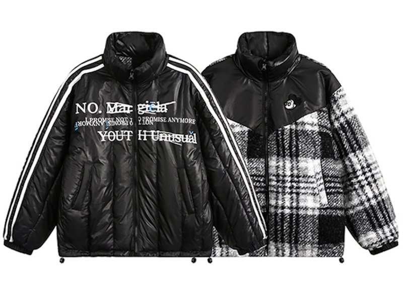 画像1: Reversible Mickey Mouse check pattern down jacket　ユニセックス 男女兼用 リバーシブルミッキーマウスワンポイントチェック柄 ダウンジャケットジャンパー スタジャン  (1)