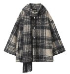 画像4: Checked scarf collar fleece coat jacket　スカーフ襟デザインチェック柄 フリースコート (4)