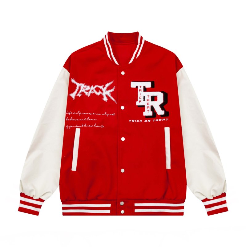 画像6: Unisex Leather sleeve TRICK logo embroidery stadium jacket baseball uniform jumper  blouson ユニセックス 男女兼用レザースリーブTRICKロゴ刺繍スタジャンスタジアムジャンパー スタジャン MA-1 ボンバー  (6)