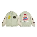 画像2: Unisex Leather sleeve Pop embroidery stadium jacket baseball uniform jumper  blouson ユニセックス 男女兼用レザースリーブポップ刺繍襟付きスタジャンスタジアムジャンパー スタジャン MA-1 ボンバー  (2)