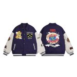 画像1: Unisex Leather sleeve Pop embroidery stadium jacket baseball uniform jumper  blouson ユニセックス 男女兼用レザースリーブポップ刺繍襟付きスタジャンスタジアムジャンパー スタジャン MA-1 ボンバー  (1)