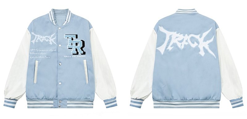 画像2: Unisex Leather sleeve TRICK logo embroidery stadium jacket baseball uniform jumper  blouson ユニセックス 男女兼用レザースリーブTRICKロゴ刺繍スタジャンスタジアムジャンパー スタジャン MA-1 ボンバー  (2)