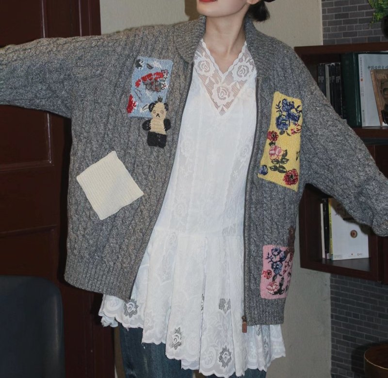 画像3: Zip-up patch panda knit cardigan　 パンダ＆フラワーパッチワーク付きジップアップカーディガン (3)