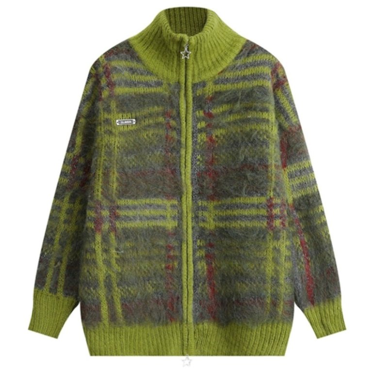 画像3: Unisex Zip-up mohair check cardigan sweater　ユニセックス男女兼用 ジップアップモヘアチェックカーディガンセーターニット (3)